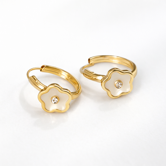 14K Gold White Flower Hoop Earrings