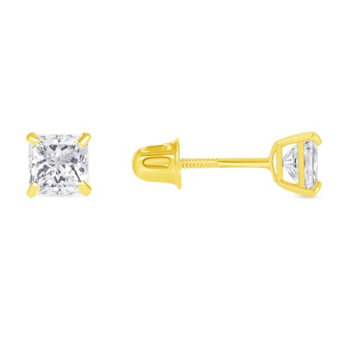 14K Gold Princess Cut Cubic Zirconia Stud Earrings