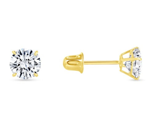 14K Gold Round Cut Cubic Zirconia Stud Earrings